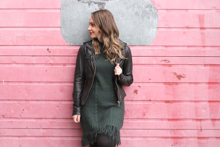 Green Fringe Dress, pink wall, taking blog photos