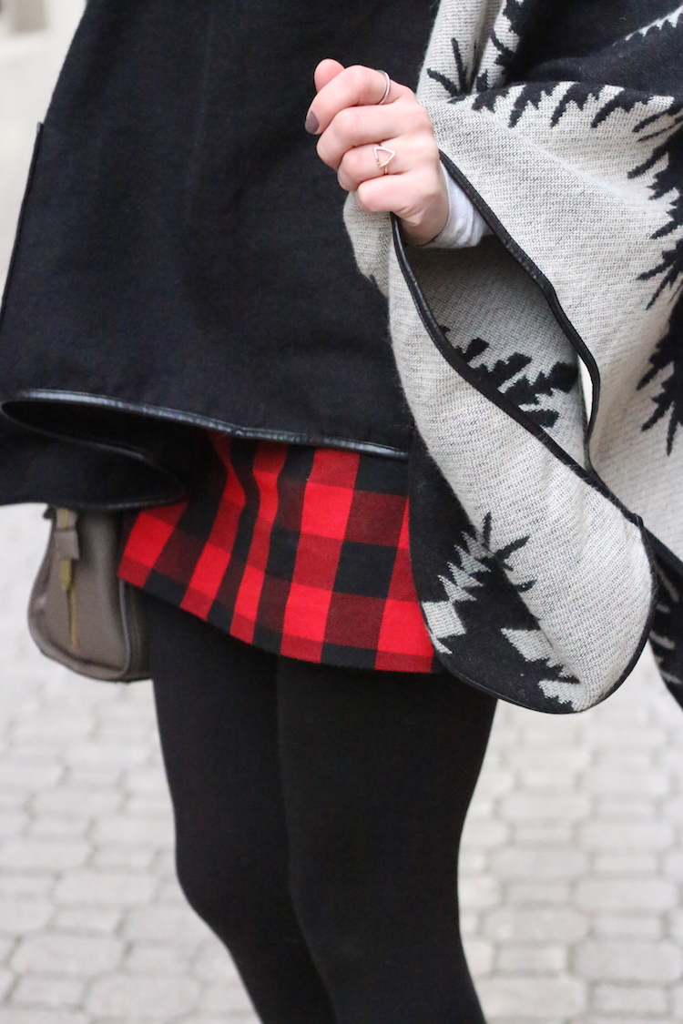 Poncho and Red Plaid Skirt