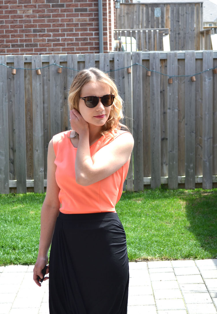 Spring outfits, spring 2015 outfit, ootd, black high-low skirt, orange top, avon Canada clothing, avon clothes, summer fashion, summer 2015 outfits