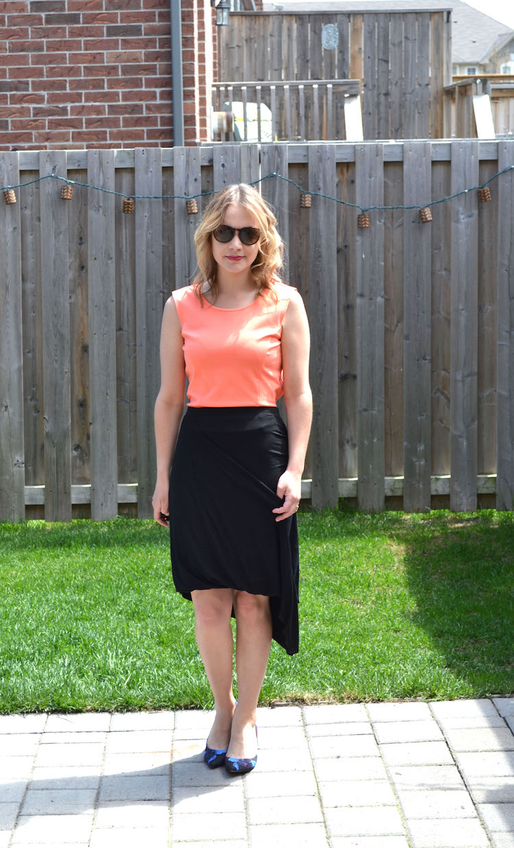 Spring outfits, spring 2015 outfit, ootd, black high-low skirt, orange top, avon Canada clothing, avon clothes, summer fashion, summer 2015 outfits