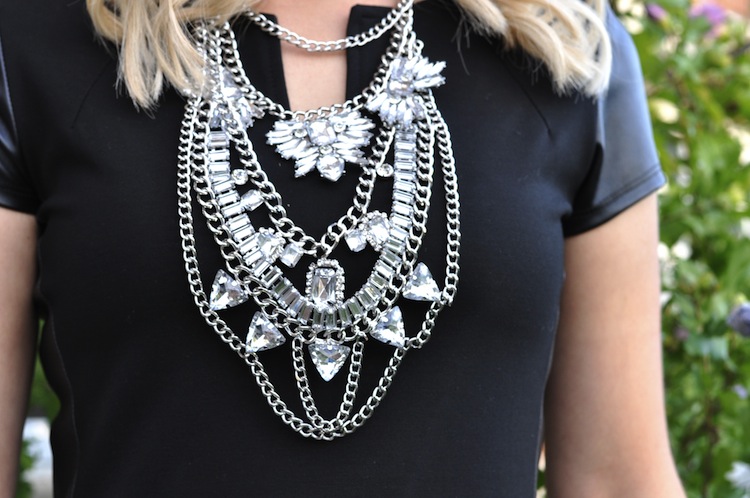 Crystal statement necklace, huge statement necklace, black leather accent dress, how to style large statement necklaces, miz mooz shoes, miz mooz strappy sandals Canada ootd, fashion blogger, Canada fashion blogger, ootd blogger, ootd inspiration 