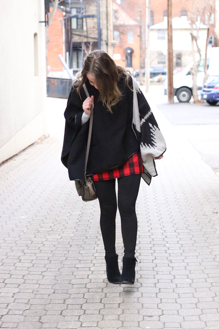 Poncho and Red Plaid Skirt
